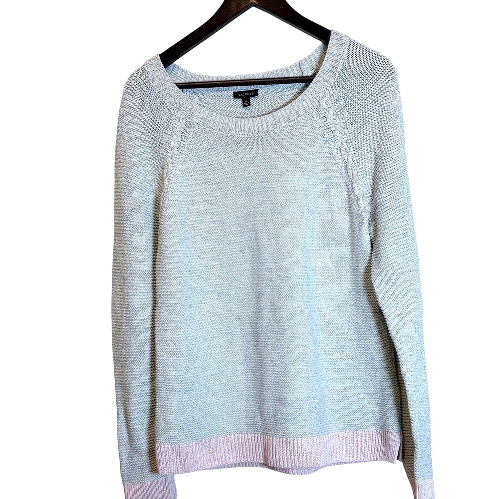 Talbots Women Blue Pink‎ Striped Raglan Sweater Knit Crew Neck Cotton Linen M